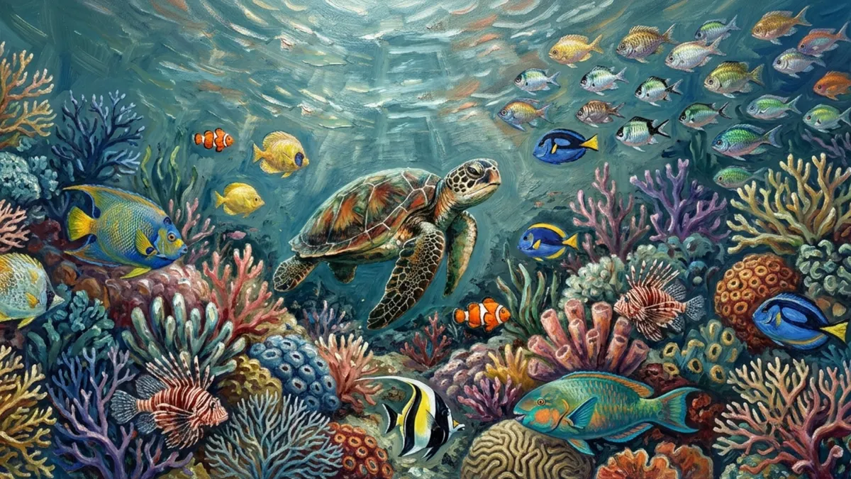 Under the Sea Frame TV sign — a painted coral reef scene with a sea turtle, clownfish, lionfish, and tropical fish
